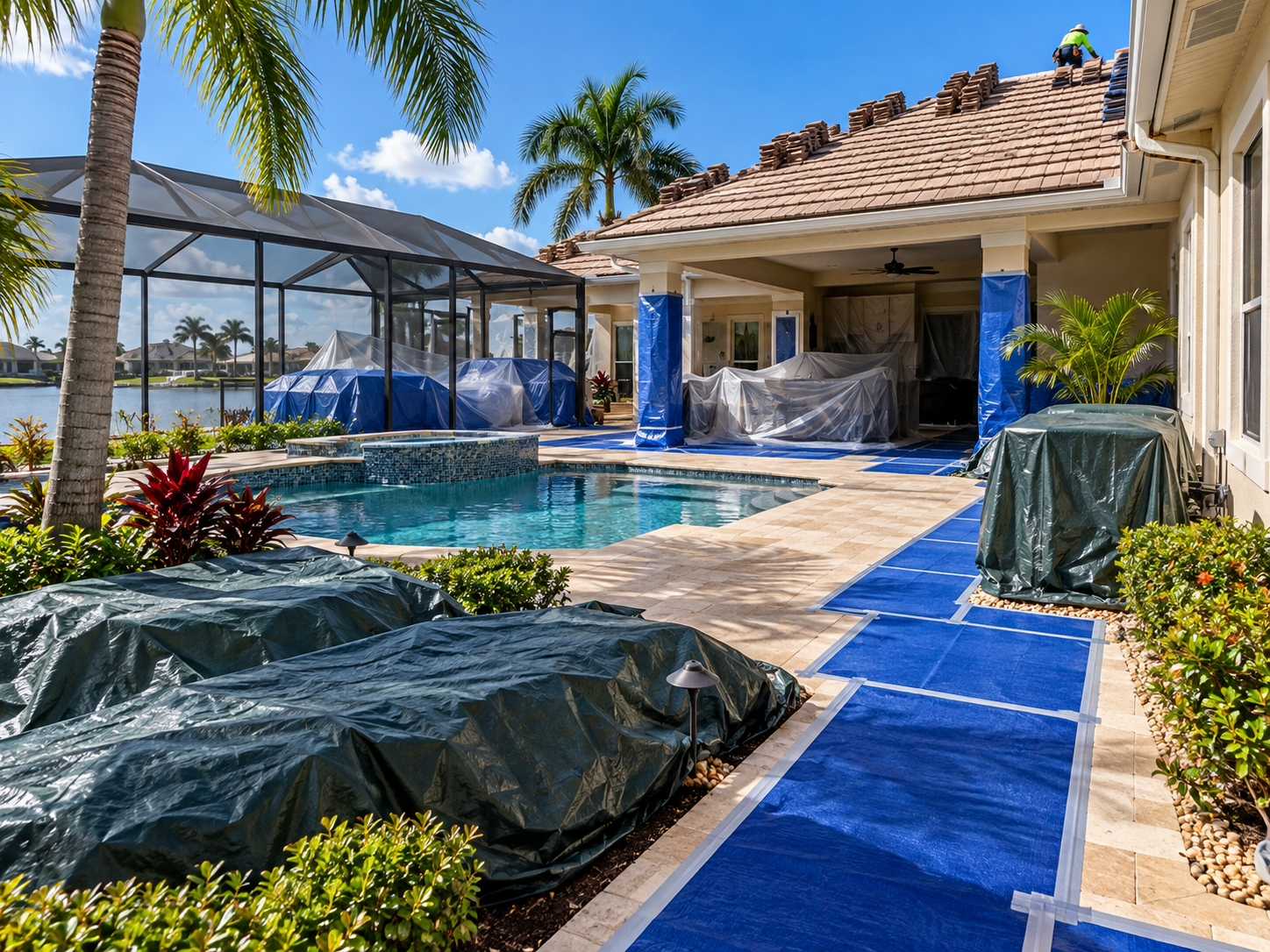 Property protection in Landscaping, walkways, patios, pool cages, and HVAC equipment covered before tear-off